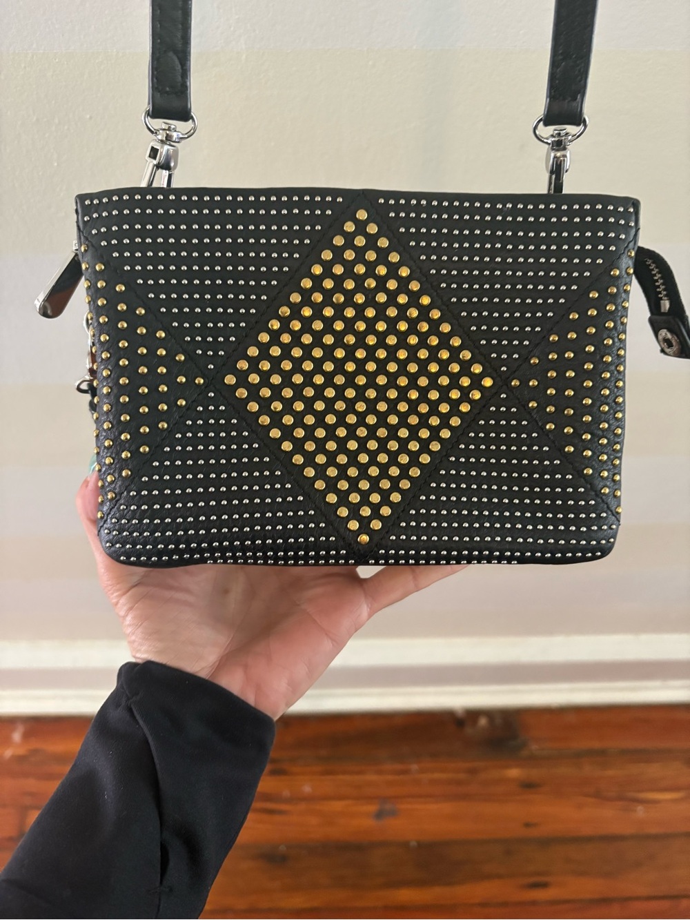 Black Studded Crossbody Bag with Gold Accent